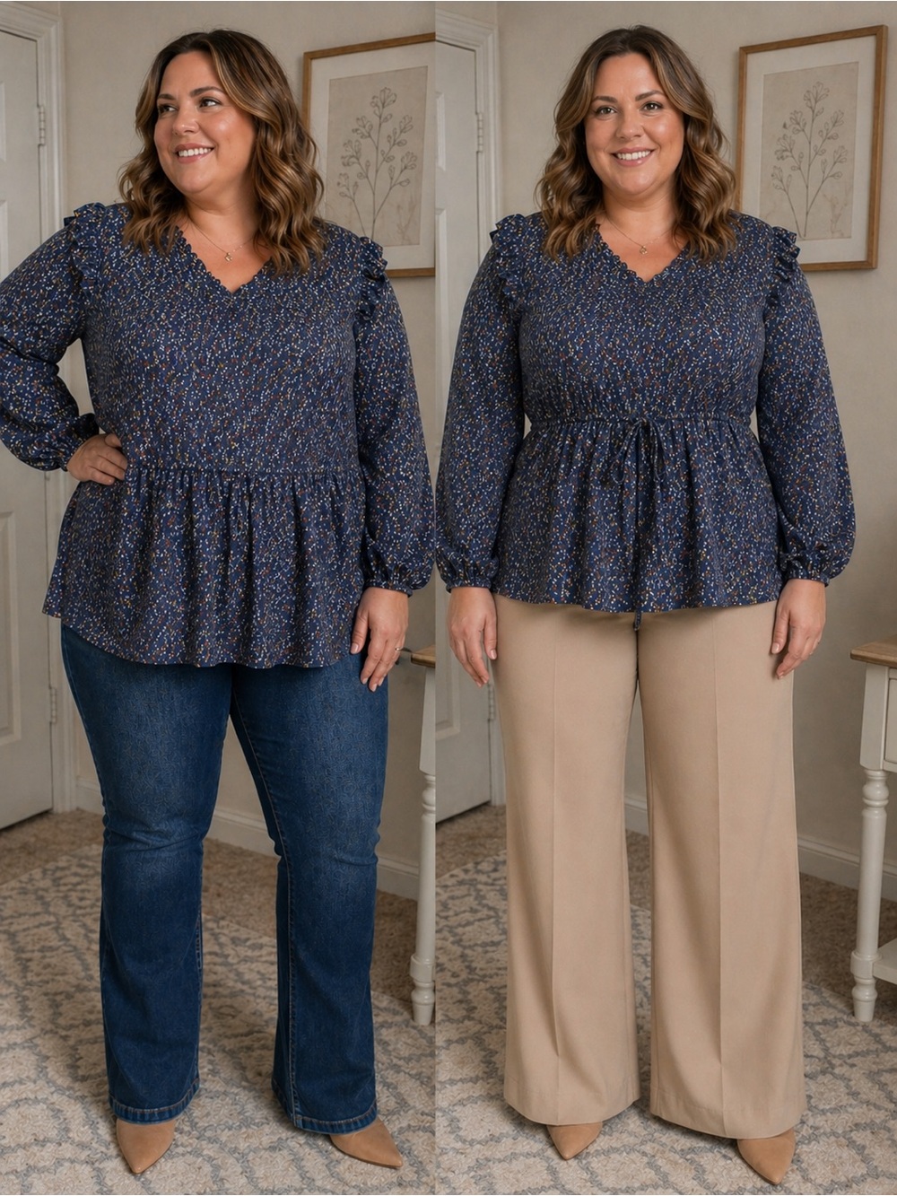 Hayden Navy Floral Peplum Blouse with Smocked Waist